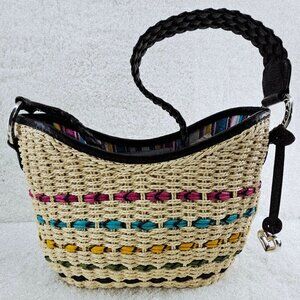 BRIGHTON Natural Straw Multicolor Woven Leather Shoulder Bag Braided Strap